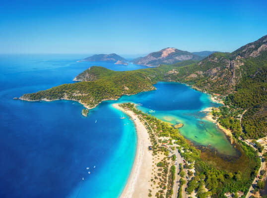 Aerial view of Olu Deniz blue lagoon in Turkey