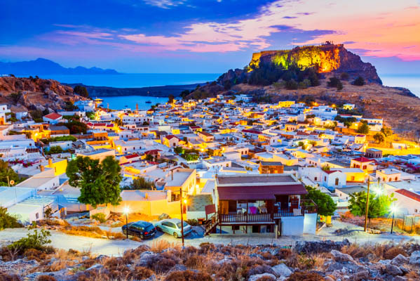 Sunset views of Lindos and the Acropolis in Rhodes, Greek Islands